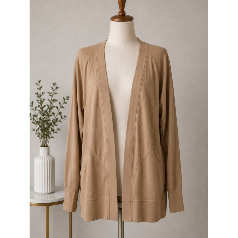 Ideology Womens Plus 1X Open Front Cardigan Tan French Terry Thumbhole Pockets